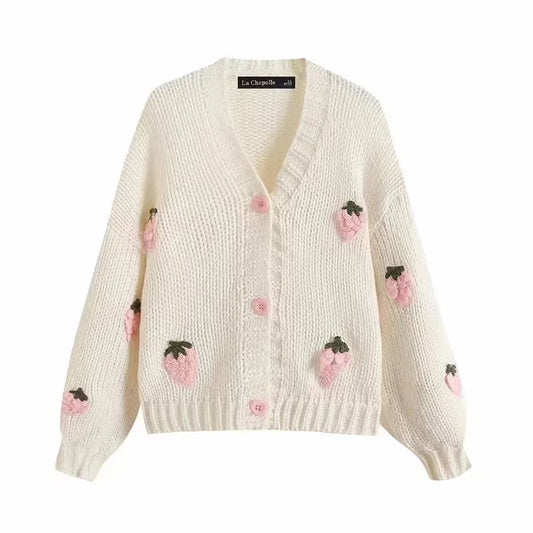 Handgemachte Damen Strickjacke mit Blumenmuster – Kurzer Vintage Cardigan aus dickem Garn, gemütlicher Herbst-Winter Pullover im Casual-Style