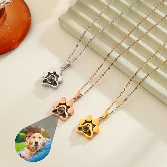 Custom Pet Photo Projection Necklace Personalized Dog Paw Pendant Custom Picture Stainless Steel Necklace Memorial Gift Jewelry