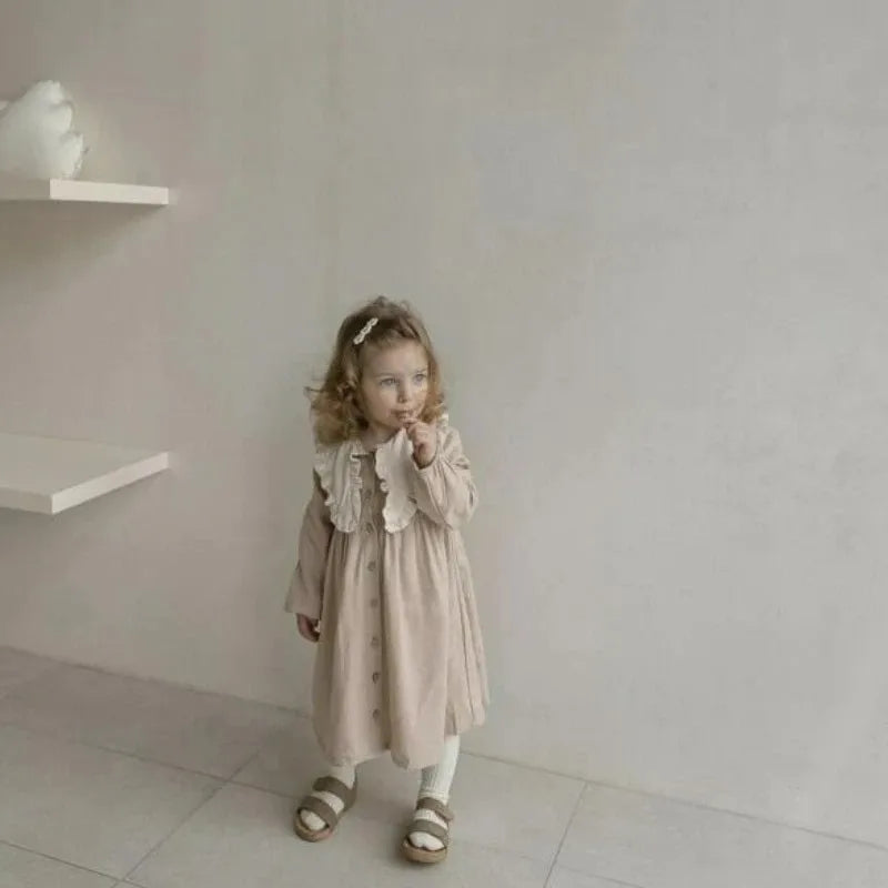 Vestido retro de lino con cuello con volantes