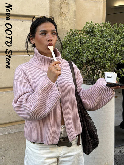 Mode Stricken Gestreiften Strickjacke Frauen Lose Stehkragen Zipper Volle Hülse Pullover 2026 Frühling Herbst Dame Lässige Strickwaren Neue