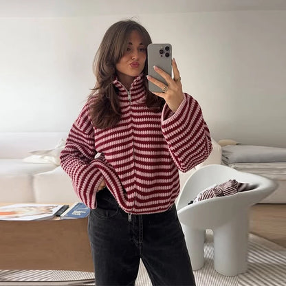 Mode Stricken Gestreiften Strickjacke Frauen Lose Stehkragen Zipper Volle Hülse Pullover 2026 Frühling Herbst Dame Lässige Strickwaren Neue