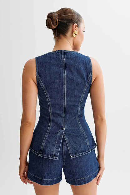 Damen Ensemble – Elegantes Ärmelloses Kurz Set im Denim Look