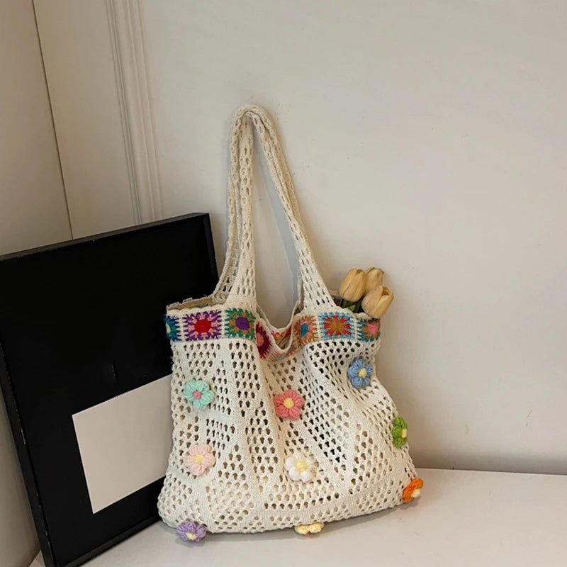 Gehäkelte Blumentasche – Damen Strick Tote Bag Schultertasche Boho Strand & Shopping
