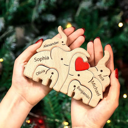 Personalisiertes Elefanten-Holzpuzzle – Familiennamen Dekofigur | Geschenk für Eltern & Weihnachten