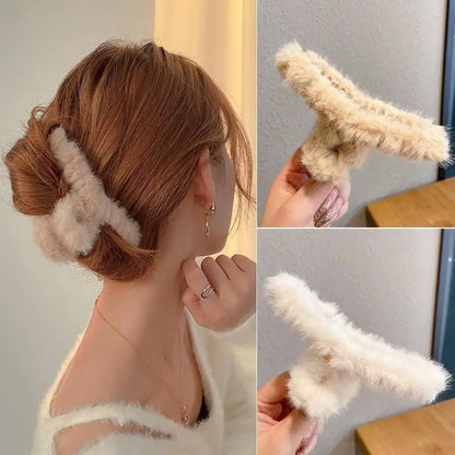 Extra große Plüsch-Haarklammer (14 cm) – Elegante Haar-Klaue im Korean Style mit Kaninchen-Plüsch