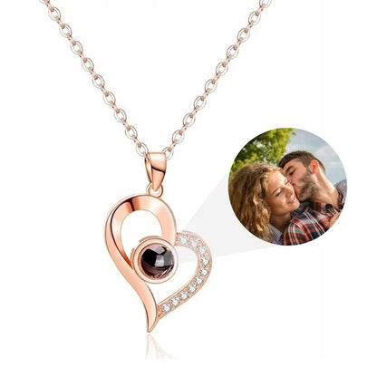 Personalized Photo Projection Necklace – Heart Pendant with “I Love You” in 100 Languages 