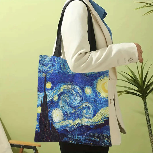 Bolsa de lona Van Gogh – Estampado Noche estrellada y girasoles | Bolsa de compras reutilizable 