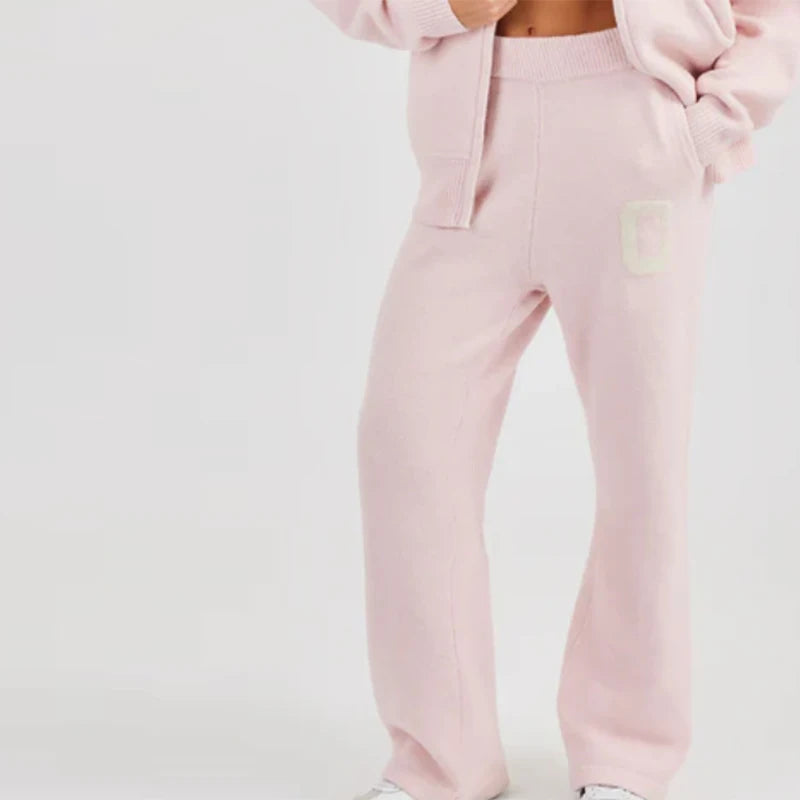 Damen Strickanzug 2-teilig Herbst/Winter – Kapuzen-Strickjacke mit Reißverschluss & Gerade Hose, Lässiges Knit Set