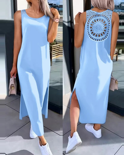 Vestido de verano 2025 – Vestido midi sin mangas con aberturas y detalles recortados, cuello redondo, informal. 