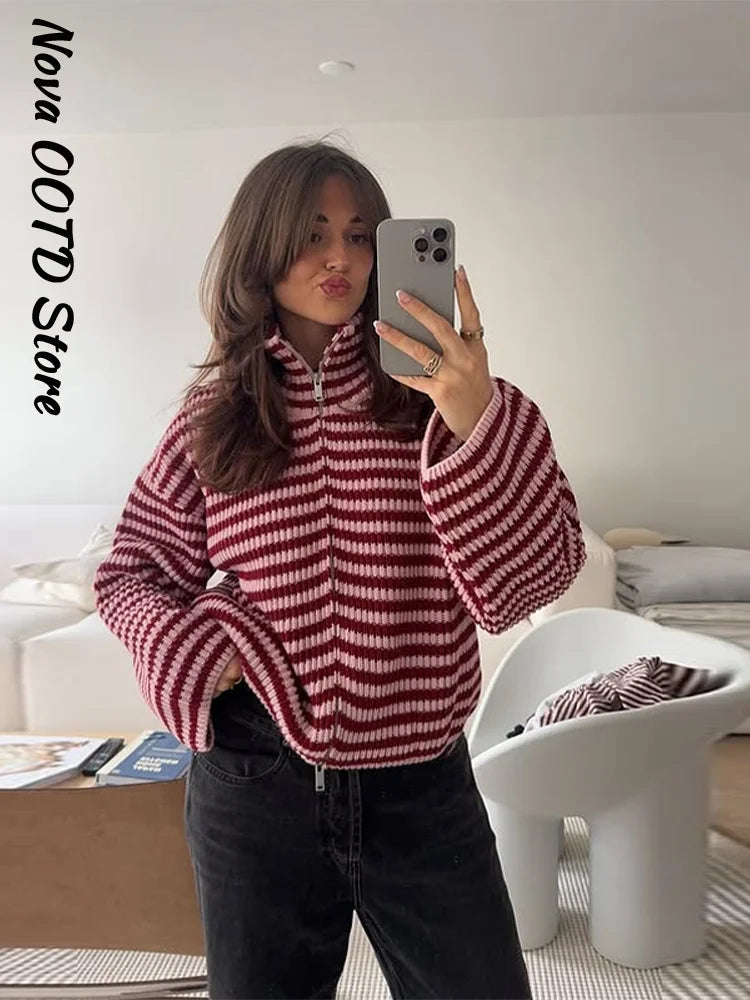 Mode Stricken Gestreiften Strickjacke Frauen Lose Stehkragen Zipper Volle Hülse Pullover 2026 Frühling Herbst Dame Lässige Strickwaren Neue