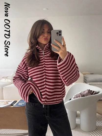 Mode Stricken Gestreiften Strickjacke Frauen Lose Stehkragen Zipper Volle Hülse Pullover 2026 Frühling Herbst Dame Lässige Strickwaren Neue