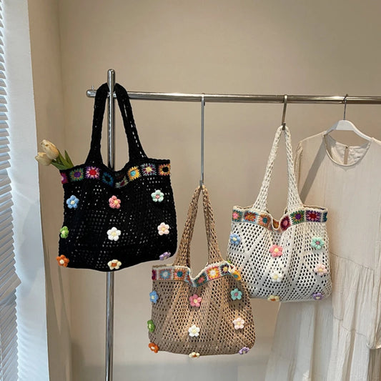 Gehäkelte Blumentasche – Damen Strick Tote Bag Schultertasche Boho Strand & Shopping