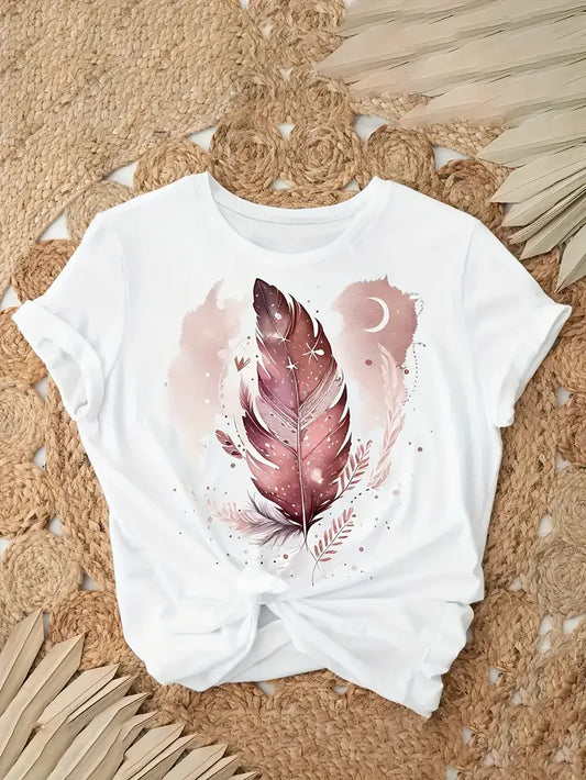 Damen T-Shirt mit Feder-, Stern & Mond Print – Boho Chic