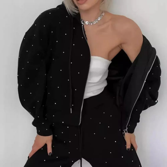 Schwarzer Damen Sportanzug 2-teilig – Kapuzenpullover & Hose mit Reißverschluss, Lässiger Trainingsanzug für Herbst & Winter