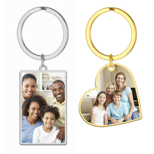 Personalisierter Foto-Schlüsselanhänger aus Edelstahl – Individueller Bild-Keychain in Herz- oder Rechteckform, perfektes Geschenk zu Weihnachten