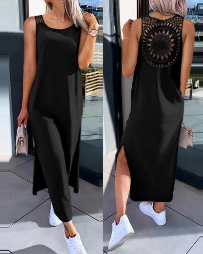 Vestido de verano 2025 – Vestido midi sin mangas con aberturas y detalles recortados, cuello redondo, informal. 