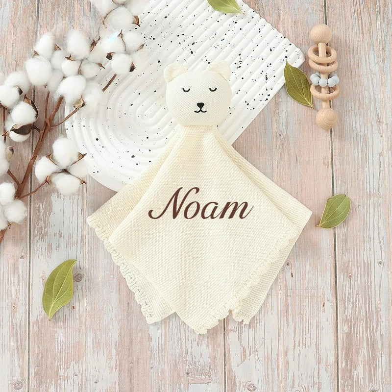 Personalisierter Baby-Komforttuch mit Namen – gestricktes Schmusetuch mit Tiermotiv, weiches Beruhigungstuch für Neugeborene & Kleinkinder