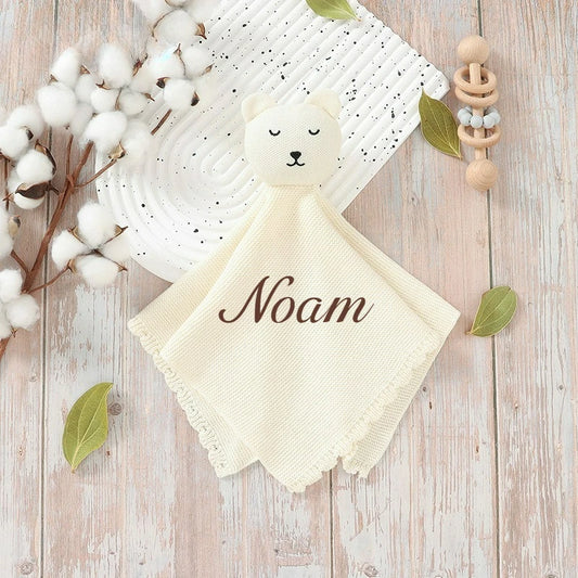Personalisierter Baby-Komforttuch mit Namen – gestricktes Schmusetuch mit Tiermotiv, weiches Beruhigungstuch für Neugeborene & Kleinkinder