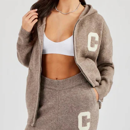 Damen Strickanzug 2-teilig Herbst/Winter – Kapuzen-Strickjacke mit Reißverschluss & Gerade Hose, Lässiges Knit Set