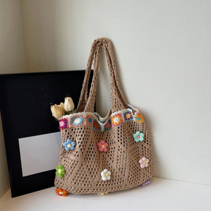 Gehäkelte Blumentasche – Damen Strick Tote Bag Schultertasche Boho Strand & Shopping