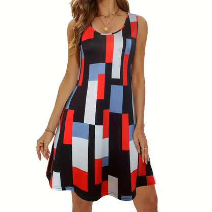 Vestido de verano para mujer con estampado de cuadros: sin mangas, largo hasta la rodilla, con bolsillos, elegante e informal.