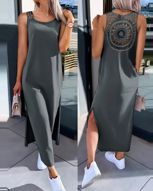 Sommerkleid 2025 – Ärmellos, Midikleid mit Schlitz und Cut-Out-Details, Rundhals, Casual
