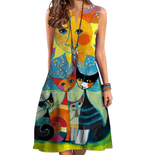 Bohemian Sommerkleid – V-Ausschnitt, Ärmellos, Bedruckt, Knielang, Lockerer Schnitt