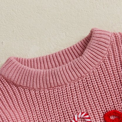 Zuckersüßer Weihnachts Strickpullover für Mädchen – Rosa Candy Cane Zauber