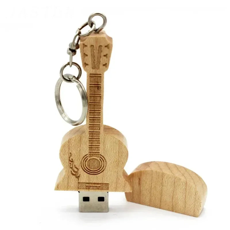 Memoria USB de madera con forma de guitarra y logo gratis (de 4 GB a 128 GB), memoria USB personalizada con llavero 