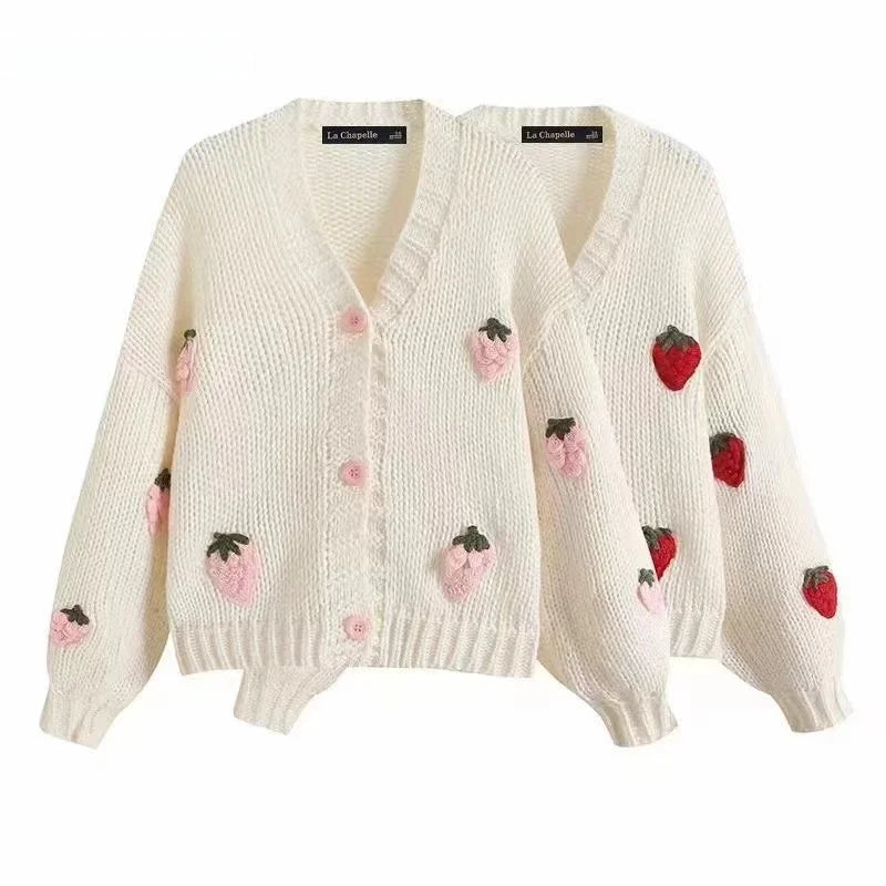 Handgemachte Damen Strickjacke mit Blumenmuster – Kurzer Vintage Cardigan aus dickem Garn, gemütlicher Herbst-Winter Pullover im Casual-Style