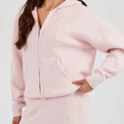 Damen Strickanzug 2-teilig Herbst/Winter – Kapuzen-Strickjacke mit Reißverschluss & Gerade Hose, Lässiges Knit Set