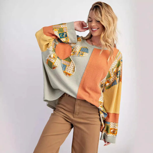Damen Hoodie Waffle Knit Patchwork – Lockere Streetwear & Office Lady Mode 2025