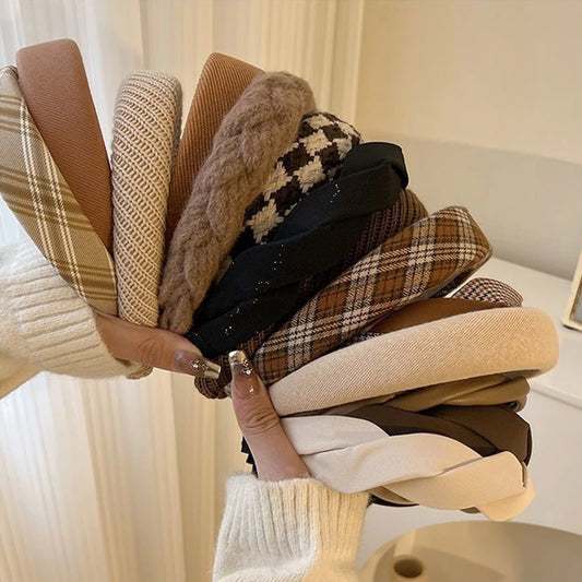 Vintage Elastisches Haarband mit Gitterdruck – Breites Schwamm-Stirnband für Frauen & Mädchen