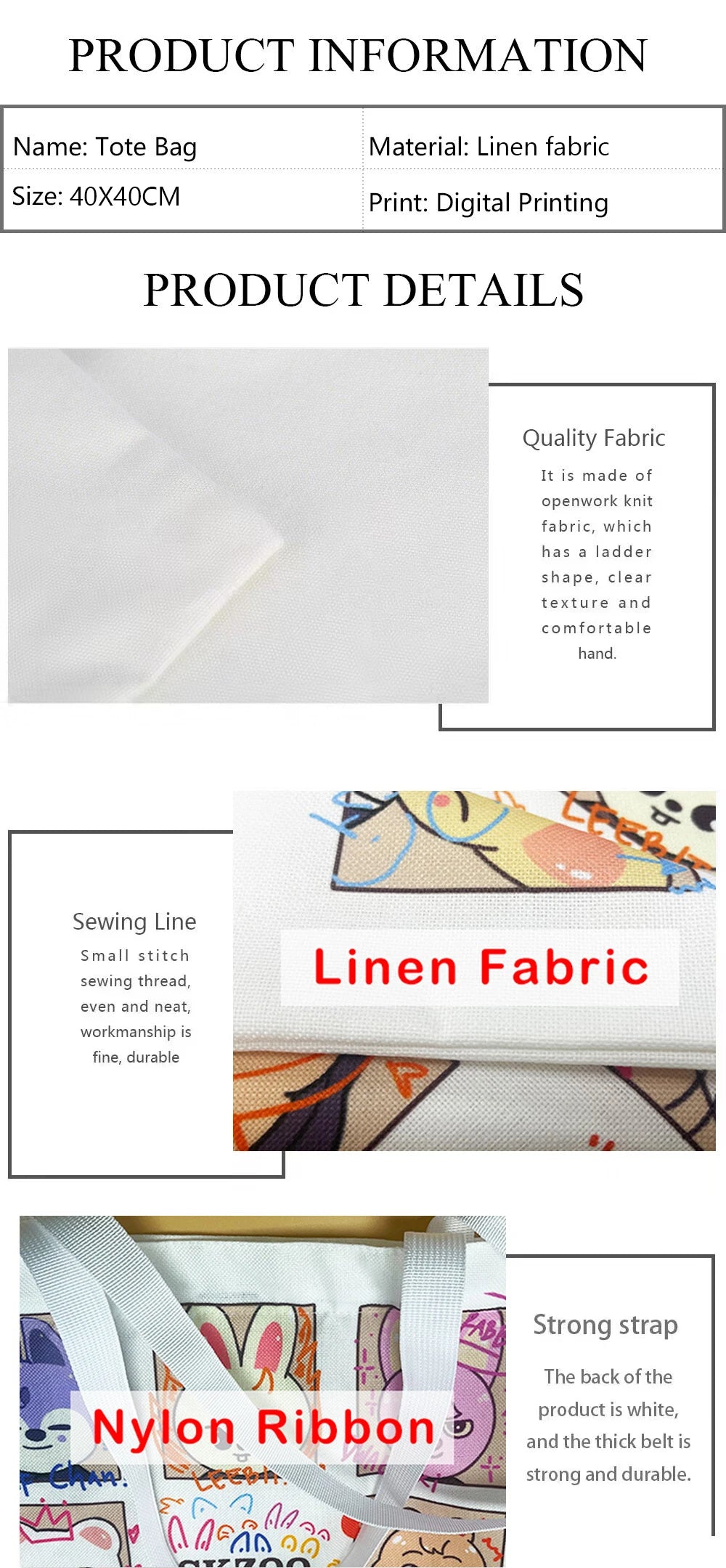 Bolsa de lona ligera con estampado de gatos: bolsa de compras y bandolera de lino