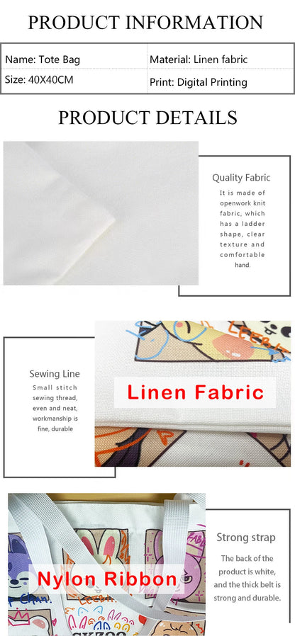 Bolsa de lona ligera con estampado de gatos: bolsa de compras y bandolera de lino