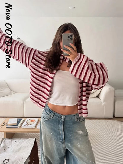 Mode Stricken Gestreiften Strickjacke Frauen Lose Stehkragen Zipper Volle Hülse Pullover 2026 Frühling Herbst Dame Lässige Strickwaren Neue