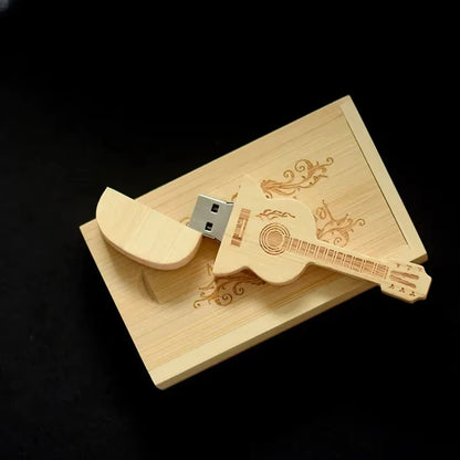 Memoria USB de madera con forma de guitarra y logo gratis (de 4 GB a 128 GB), memoria USB personalizada con llavero 