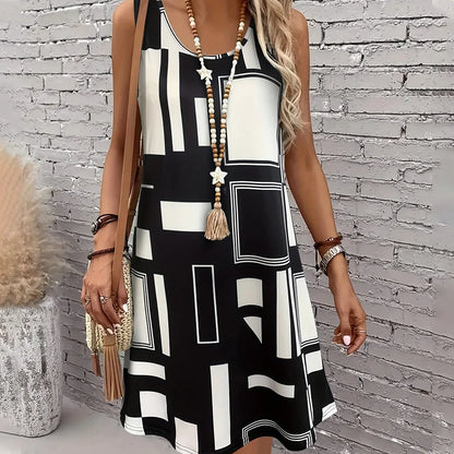 Vestido de verano para mujer con estampado de cuadros: sin mangas, largo hasta la rodilla, con bolsillos, elegante e informal.