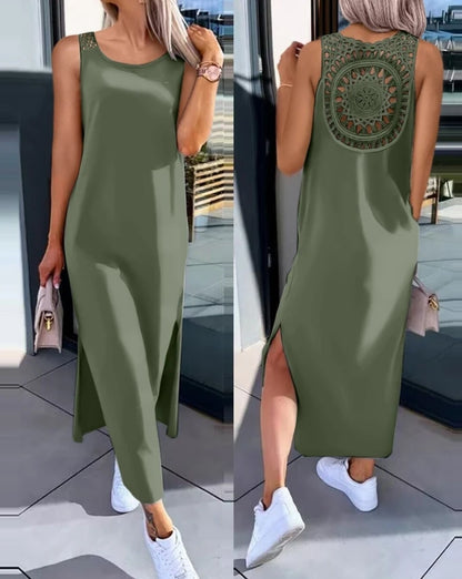 Vestido de verano 2025 – Vestido midi sin mangas con aberturas y detalles recortados, cuello redondo, informal. 