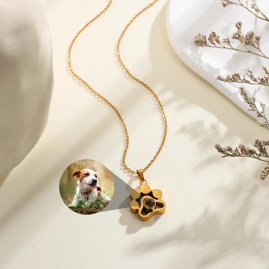 Custom Pet Photo Projection Necklace Personalized Dog Paw Pendant Custom Picture Stainless Steel Necklace Memorial Gift Jewelry