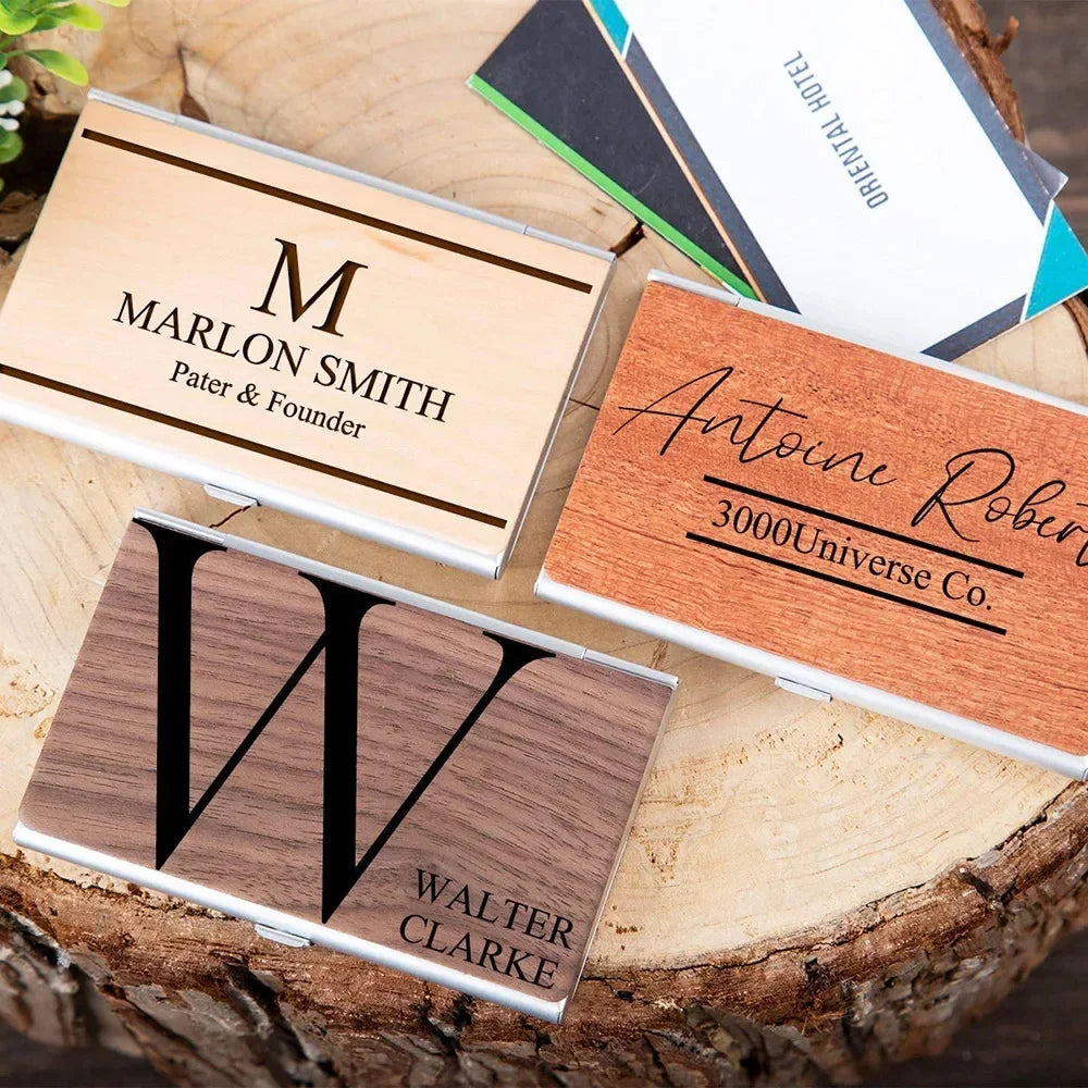 Tarjetero personalizado de madera y metal: tarjetero de alta calidad con logotipo grabado a láser. 