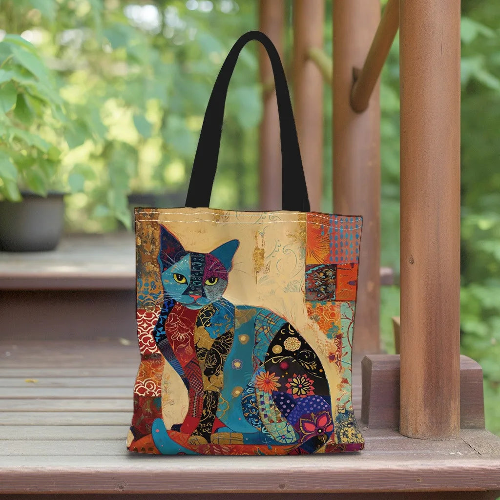 Bolsa de lona ligera con estampado de gatos: bolsa de compras y bandolera de lino