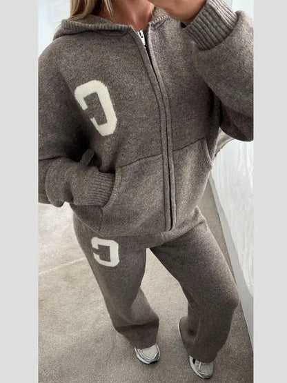 Damen Strickanzug 2-teilig Herbst/Winter – Kapuzen-Strickjacke mit Reißverschluss & Gerade Hose, Lässiges Knit Set