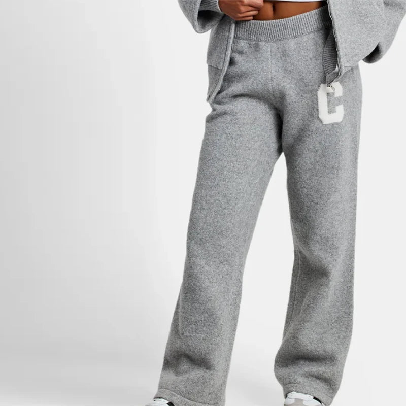 Damen Strickanzug 2-teilig Herbst/Winter – Kapuzen-Strickjacke mit Reißverschluss & Gerade Hose, Lässiges Knit Set