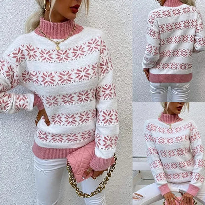Kuscheliger Winterzauber – Strickpullover mit Schneeflockenmuster & Stehkragen