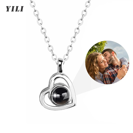 Personalized Photo Projection Necklace – Heart Pendant with “I Love You” in 100 Languages 