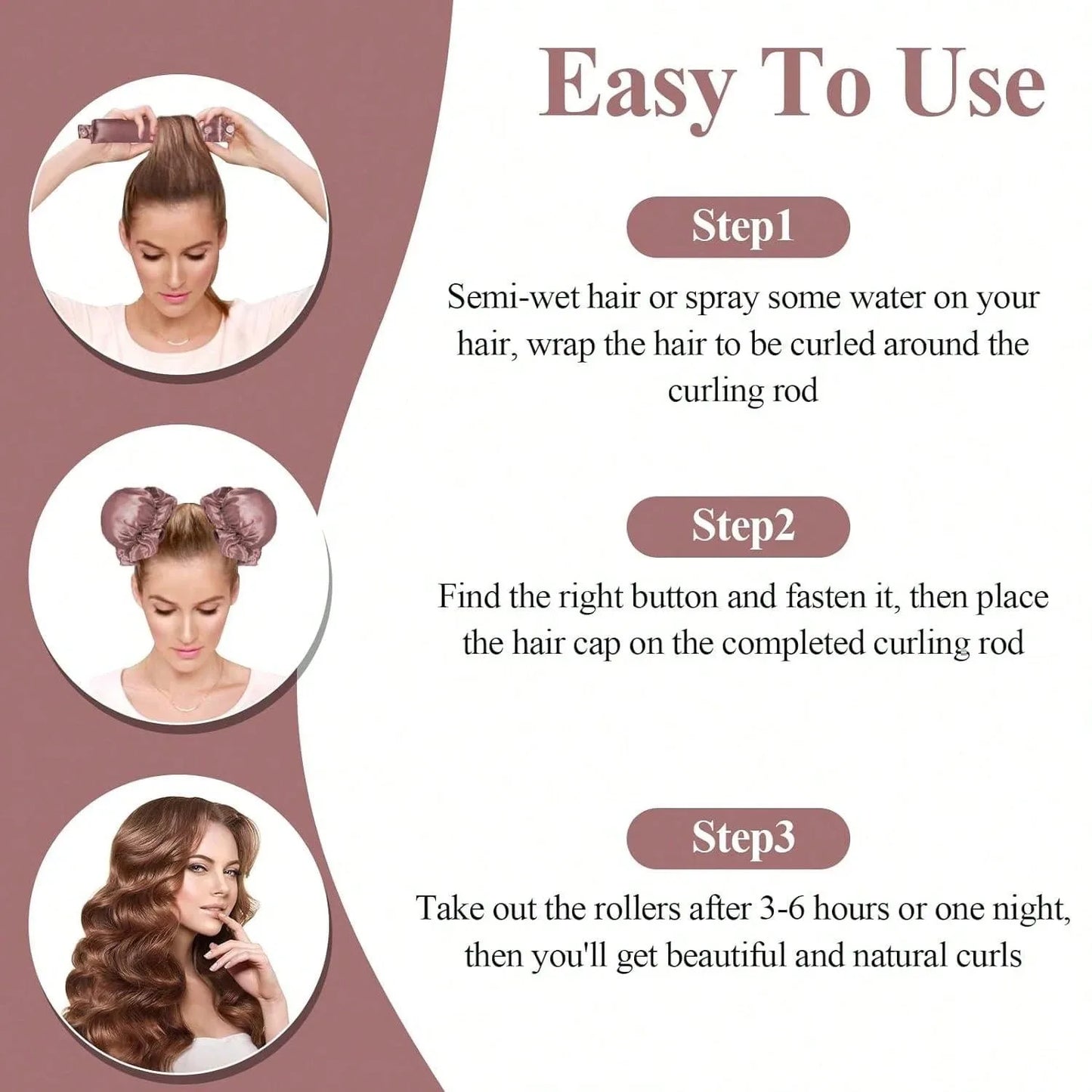 3-teiliges Satin Heatless Curling Set – Hitzefreier Lockenstab mit Haarkappen für langes & mittellanges Haar
