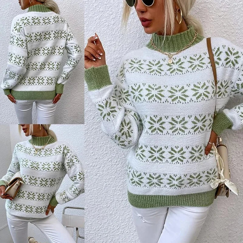 Kuscheliger Winterzauber – Strickpullover mit Schneeflockenmuster & Stehkragen