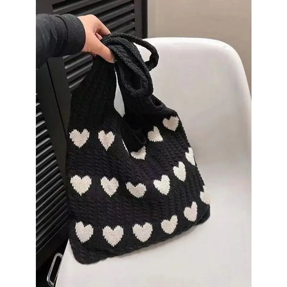 Bolso de punto hecho a mano con forma de corazón para mujer: bolso de hombro de verano, bolso tote de lana y poliéster.