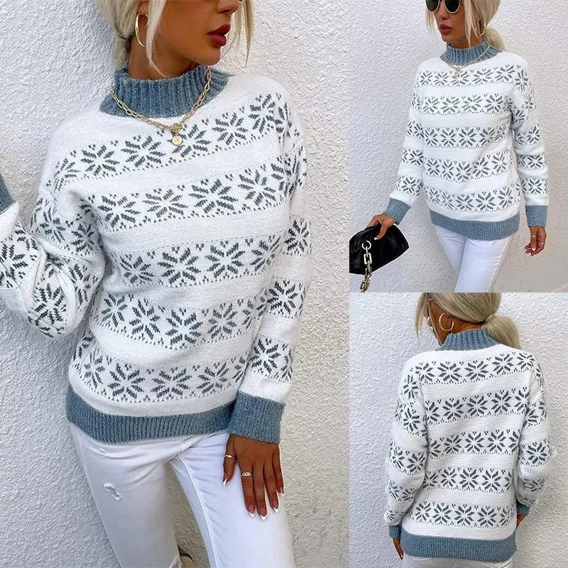 Kuscheliger Winterzauber – Strickpullover mit Schneeflockenmuster & Stehkragen